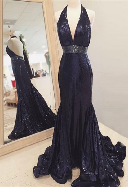 Mermaid Halter Backless Sweep Train Navy Blue Sequined Prom Dress With ...