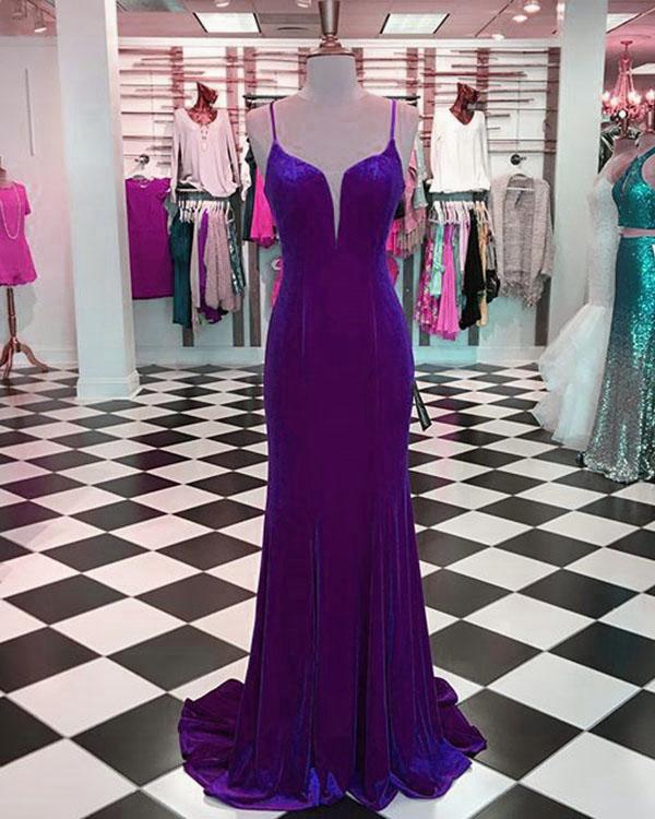 Sexy Purple Mermaid Prom Dresses With Spaghetti Straps Long Velvet