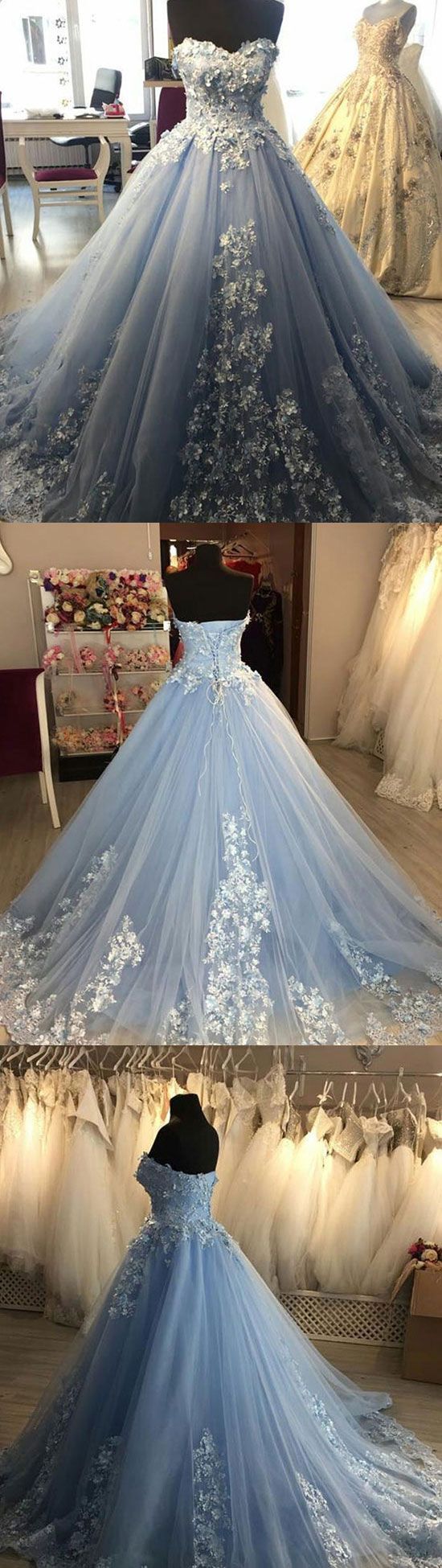 Blue Sweetheart Neck Tulle Lace Applique Long Prom Dress, Blue Evening ...