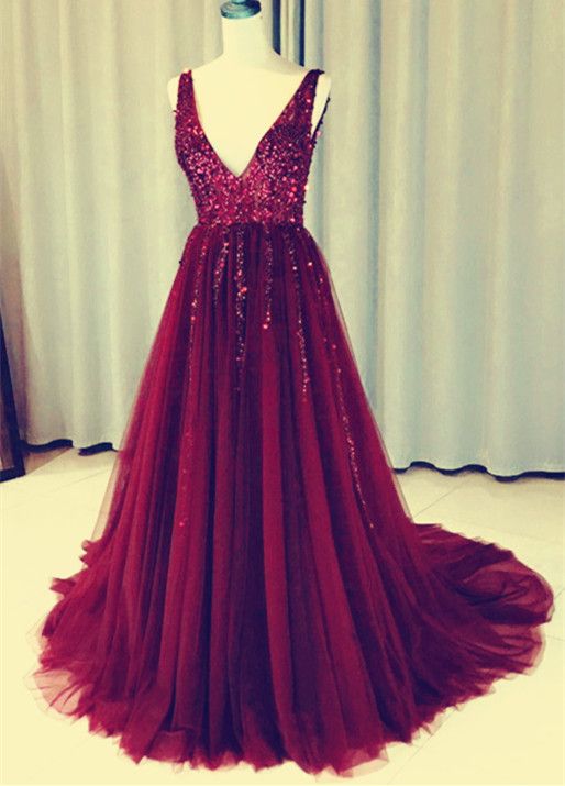 Burgundy Prom Dresses,long Tulle Evening Gowns,prom Dresses Sequins