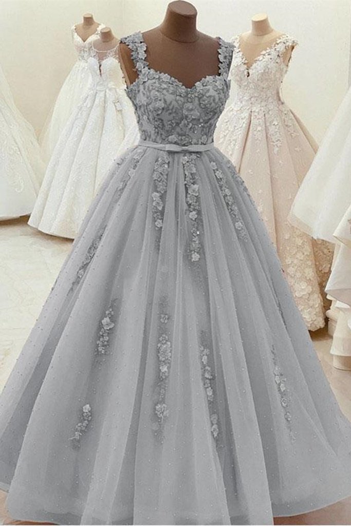 Sweetheart Neck Beaded Gray Floral Lace Prom Dress, Grey