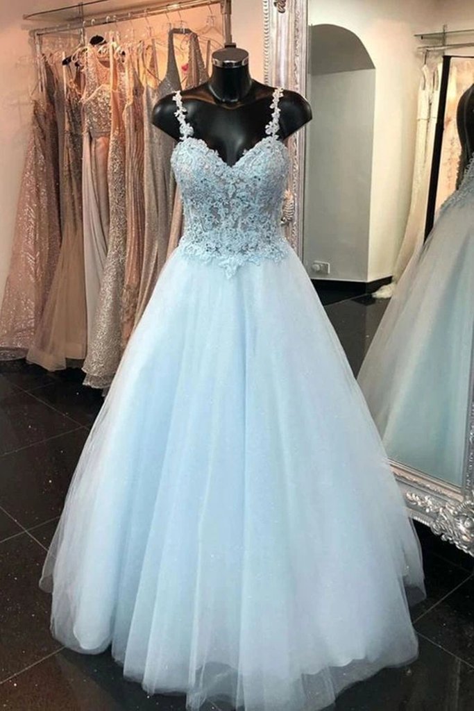 Elegant Blue Lace Spaghetti Straps Backless Prom Dresses LBQ0676 main image 1