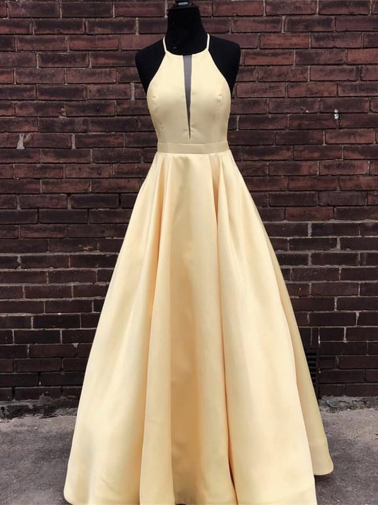 Simple Halter Yellow Satin Long Prom Dresses, Yellow Formal Dresses