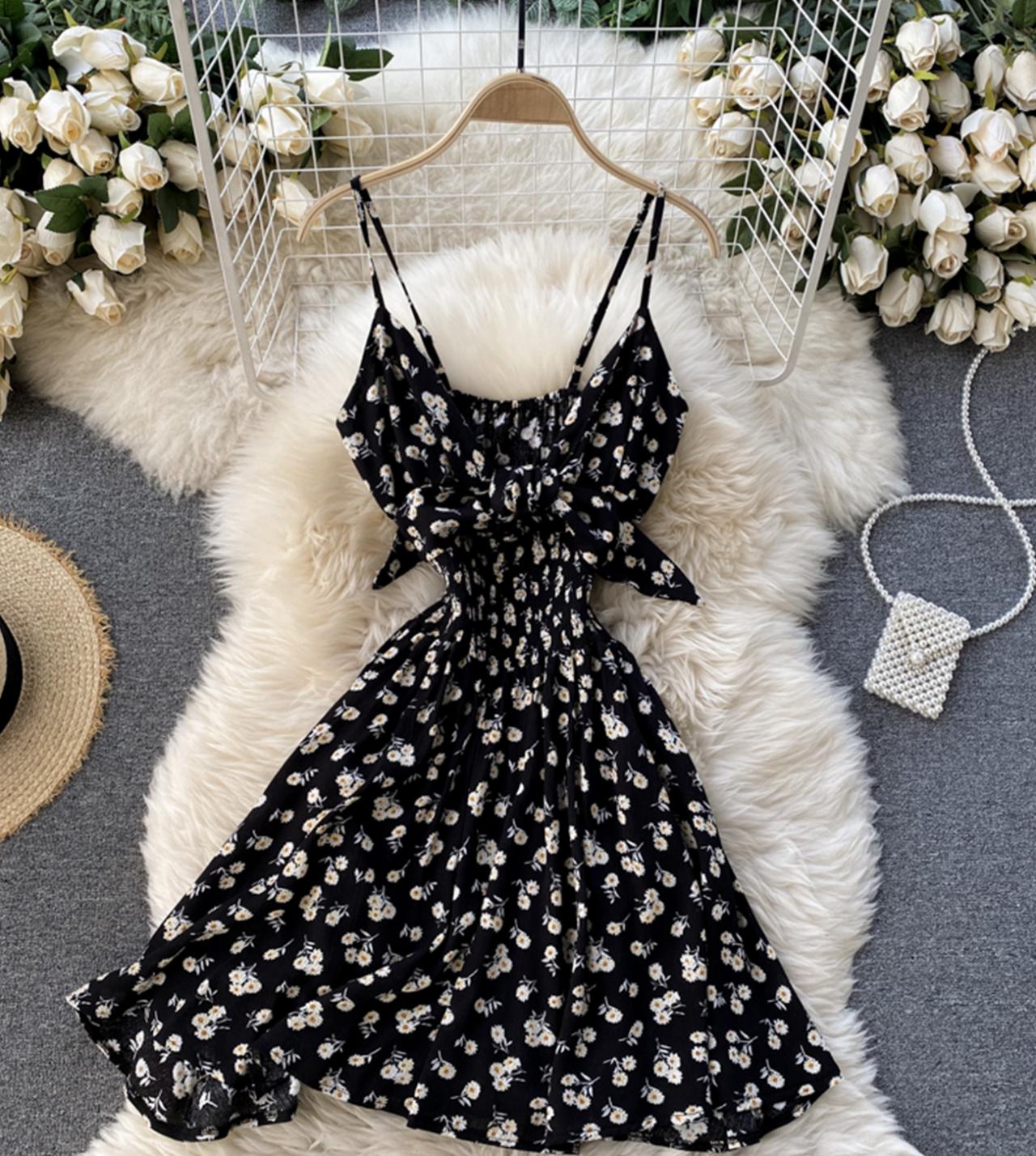 Black A Line Floral Dress With Bow on Luulla