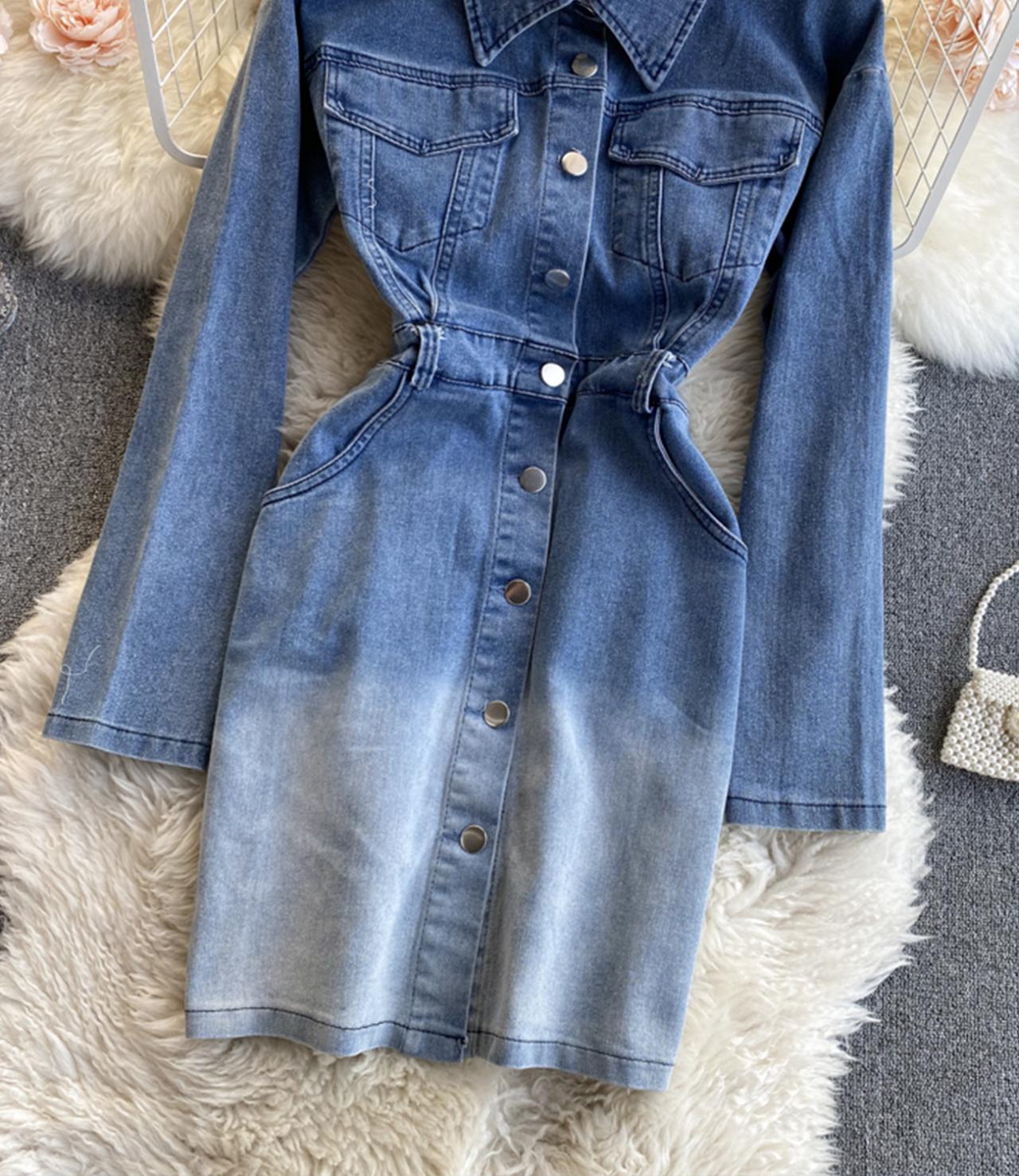 Elegant Denim Long Sleeve Dress with Waist Tie