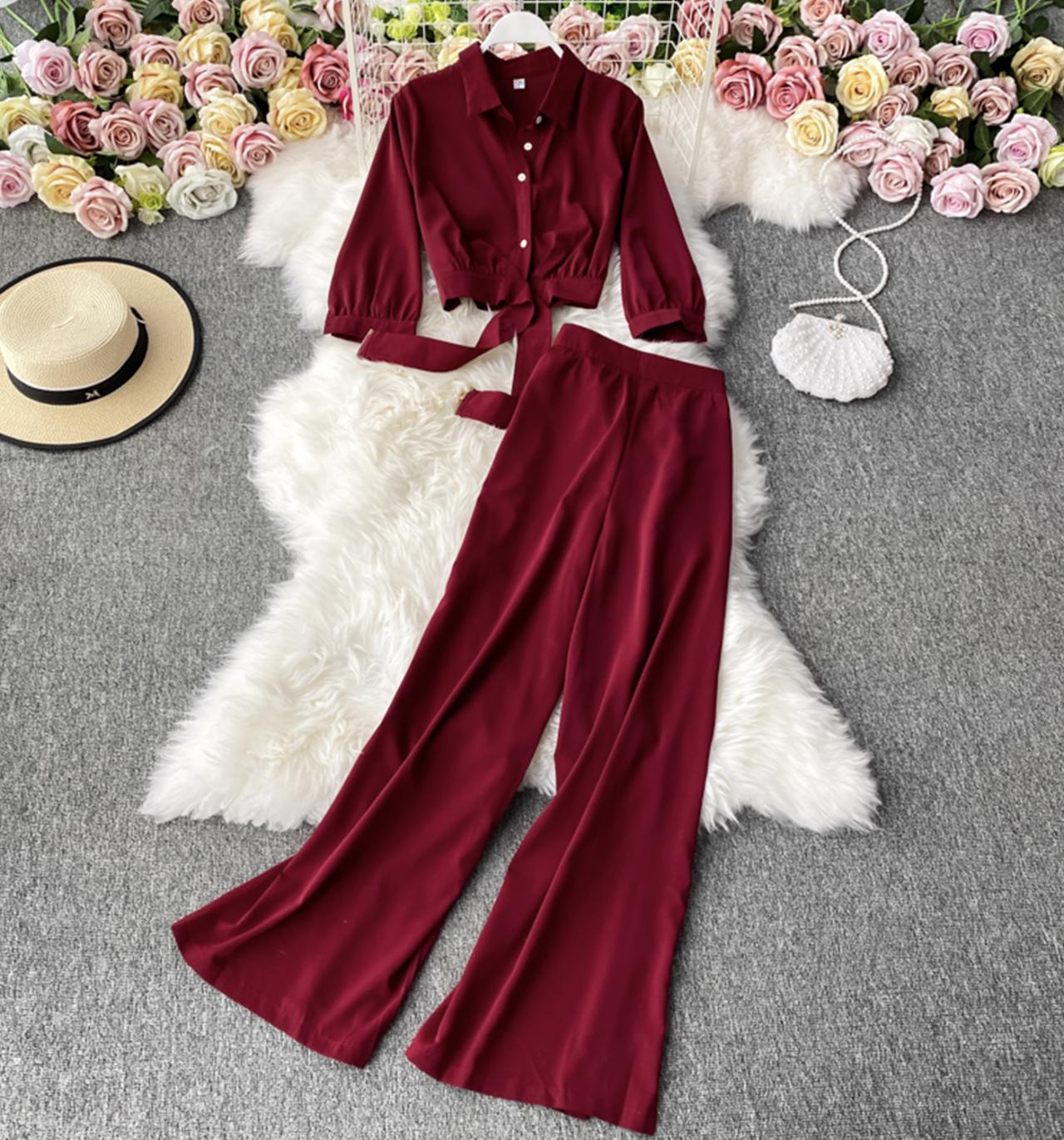 Fashionable Lady Sets Short Top + Wide Leg Two-piece Suit on Luulla