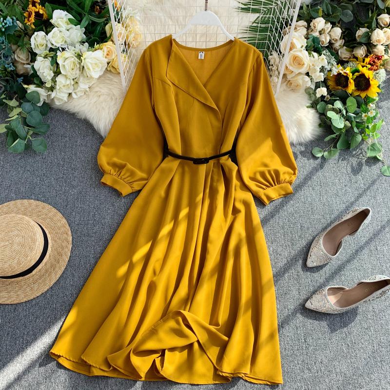 A Line V Neckline Puffy Sleeves Summer Knee Length Dress on Luulla