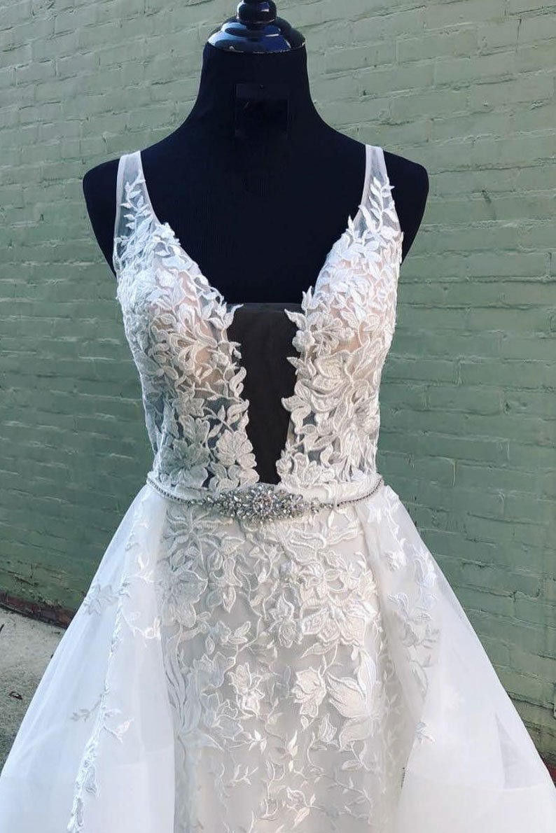 White v neck tulle lace long prom dress, elegant and noble evening dress main image 1