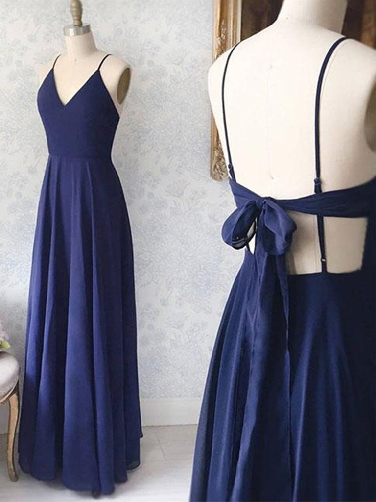 Custom Made A Line V Neck Backless Navy Blue Long Prom Dresses Navy