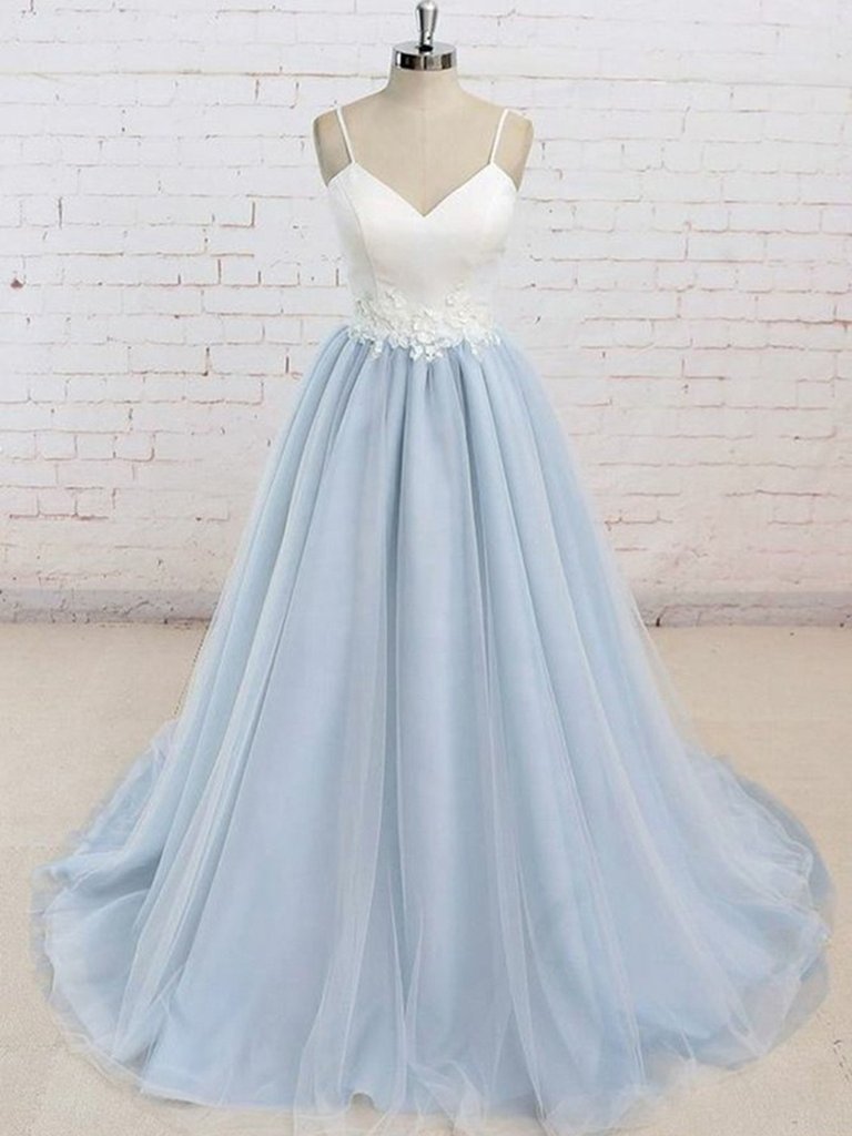 A Line V Neck Backless Light Blue Tulle Long Prom Dresses With White Lace Appliques, Light Blue