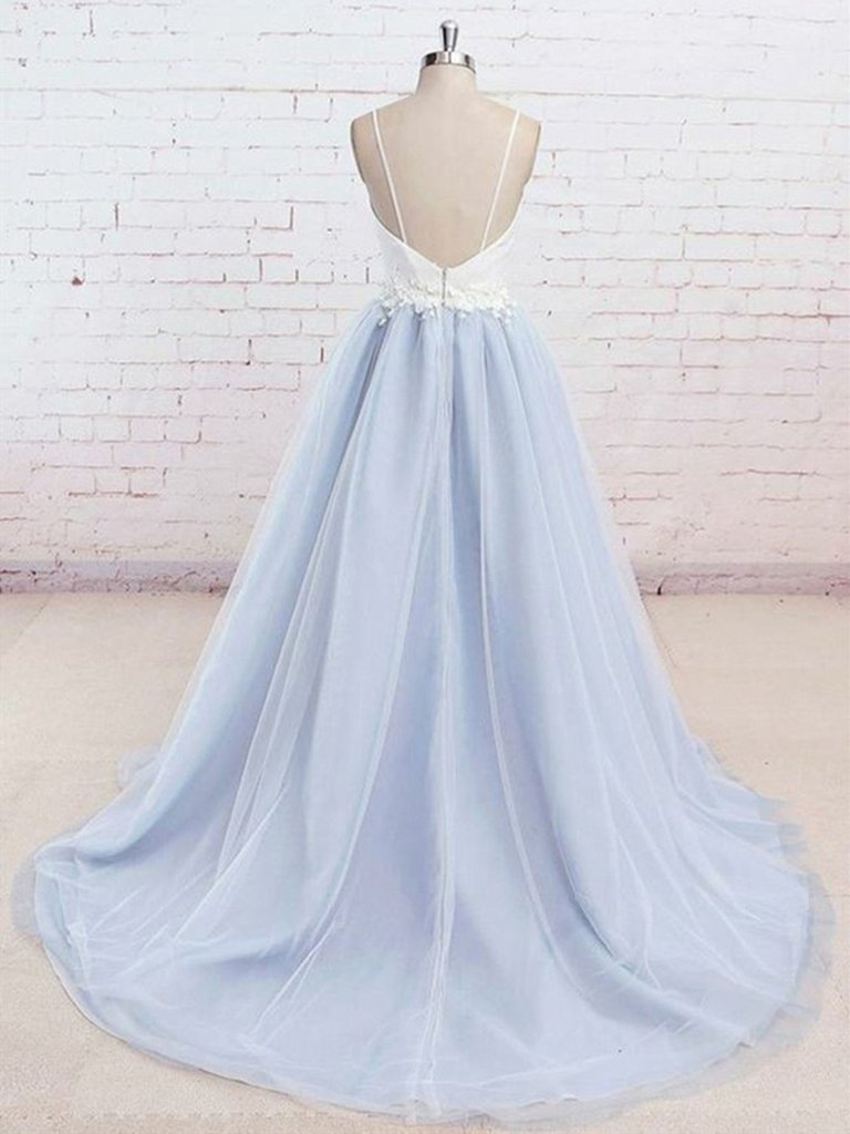 A Line V Neck Backless Light Blue Tulle Long Prom Dresses With White Lace Appliques, Light Blue