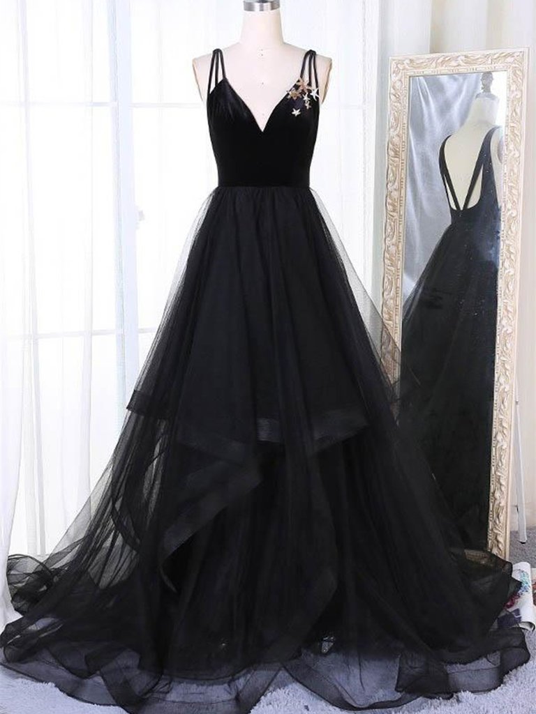 A Line V Neck Tulle Black Ball Gown, Black Prom Dresses, Black Formal ...