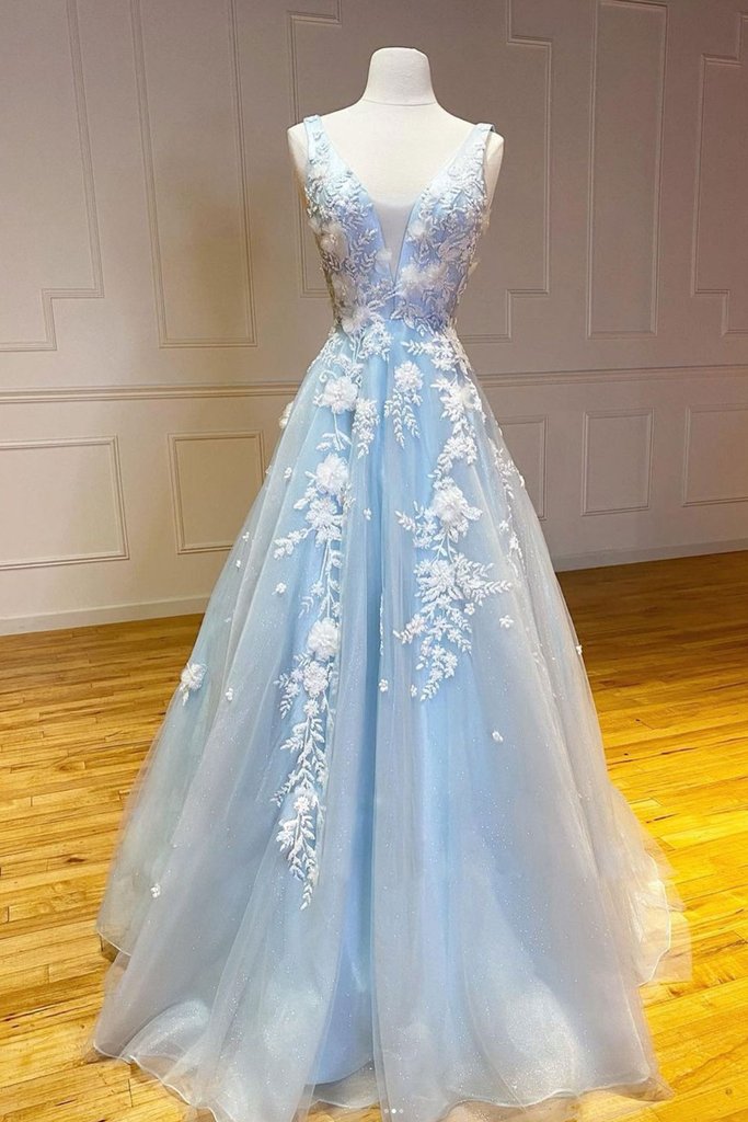 Blue V Neck Tulle Lace Long Prom Dress Blue Lace Evening Dress on Luulla