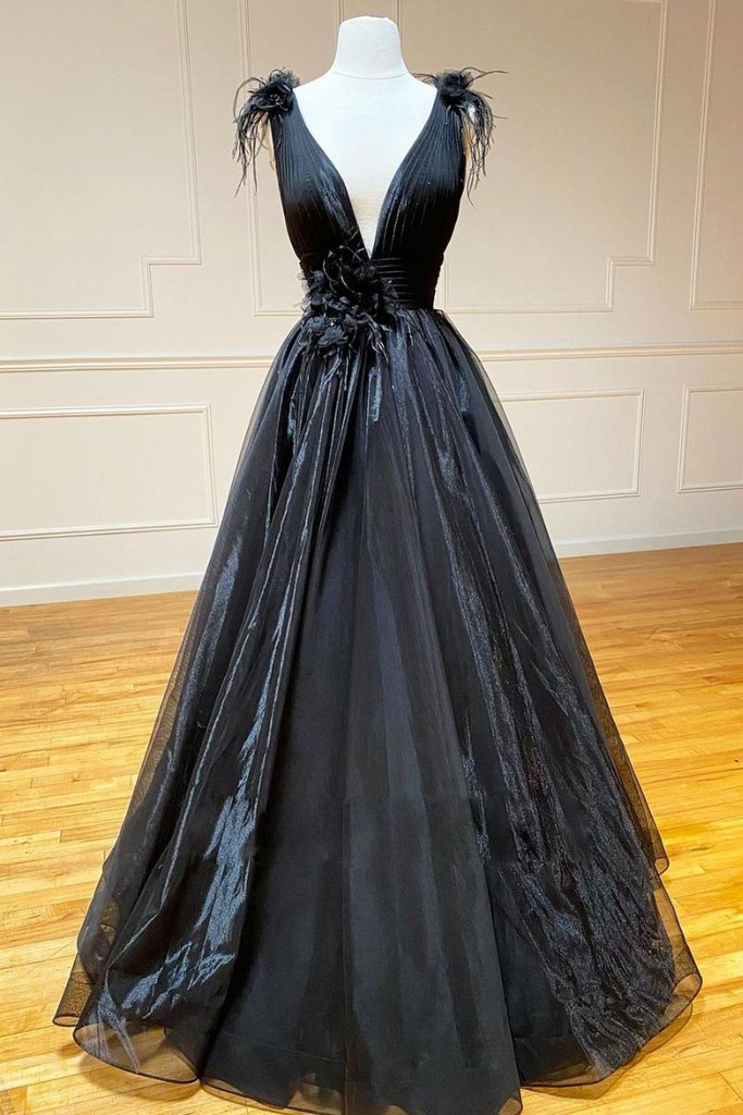 Black V Neck Tulle Lace Long Prom Dress Black Tulle Formal Dress on Luulla