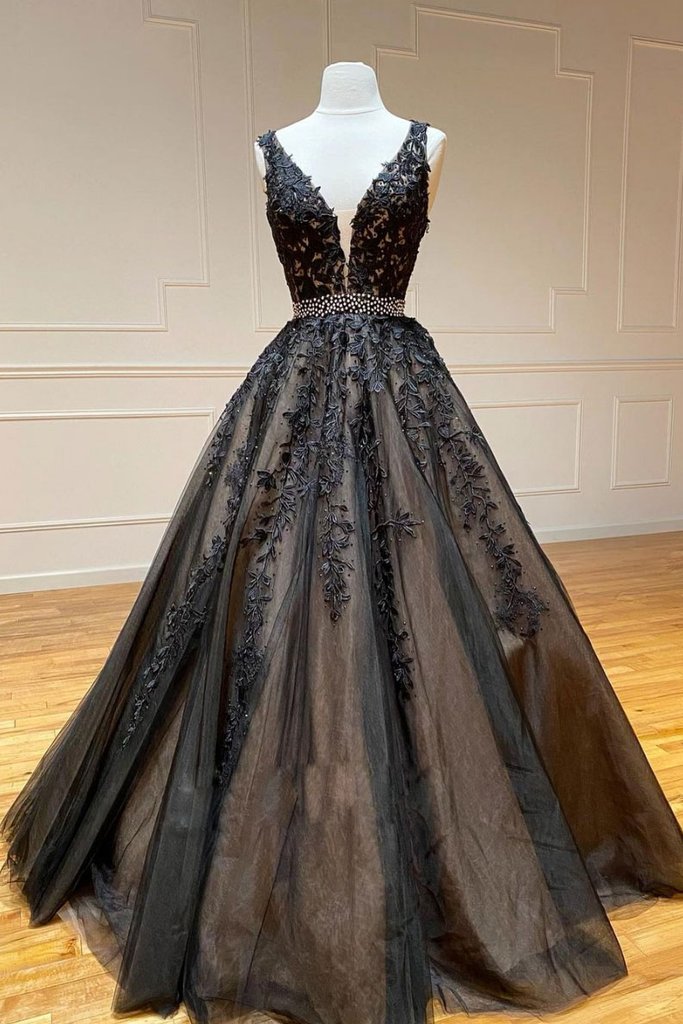 Black round neck tulle lace long prom dress black tulle formal dress main image 1