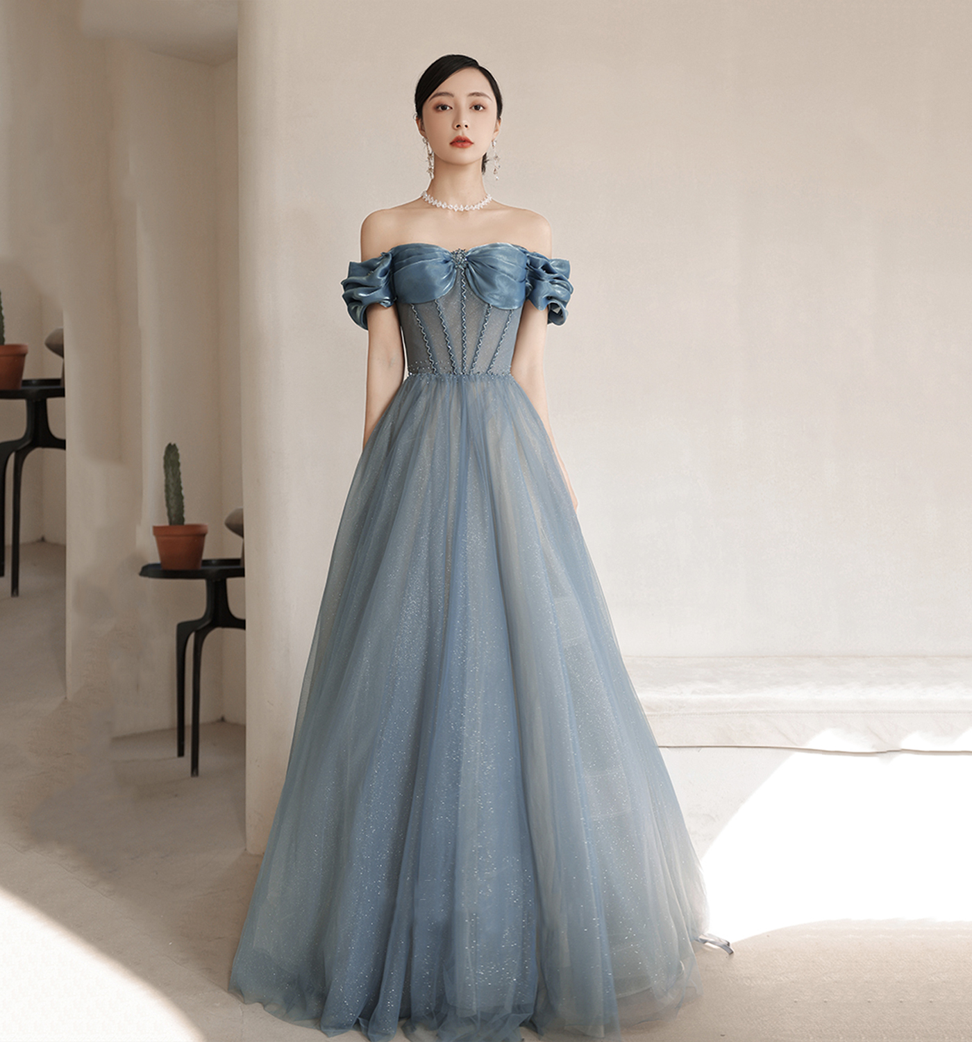 Blue Tulle Long A Line Prom Dress Off Shoulder Evening Dress on Luulla