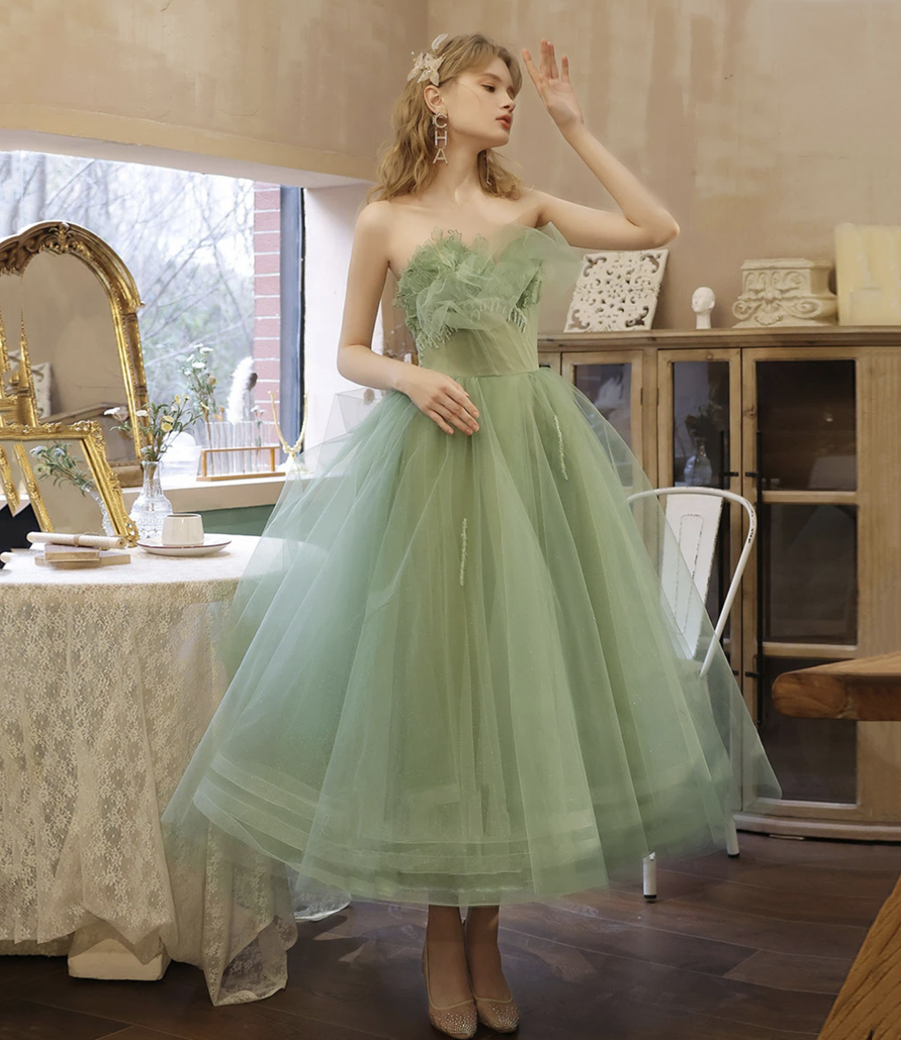 sage green short prom dress