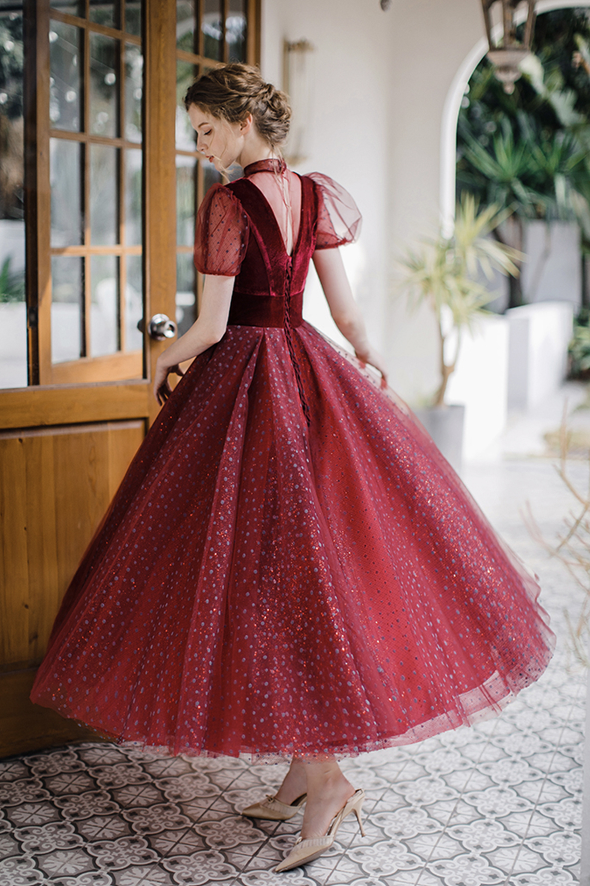 Sparkle Tulle A-Line Short Sleeve Burgundy Prom Dress