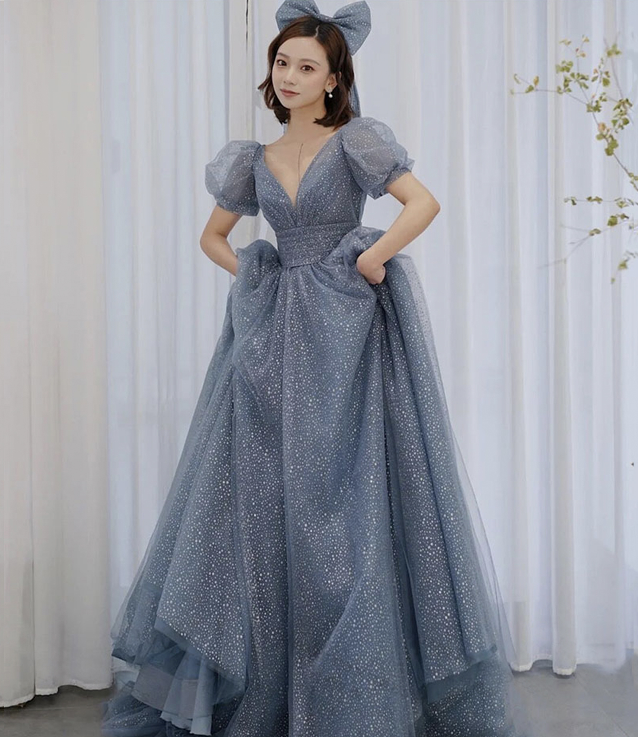 Elegant Blue Sleeveless Tulle Long Prom Dress,Generous A-line V Neck Pink Evening Dress Y1076 main image 1
