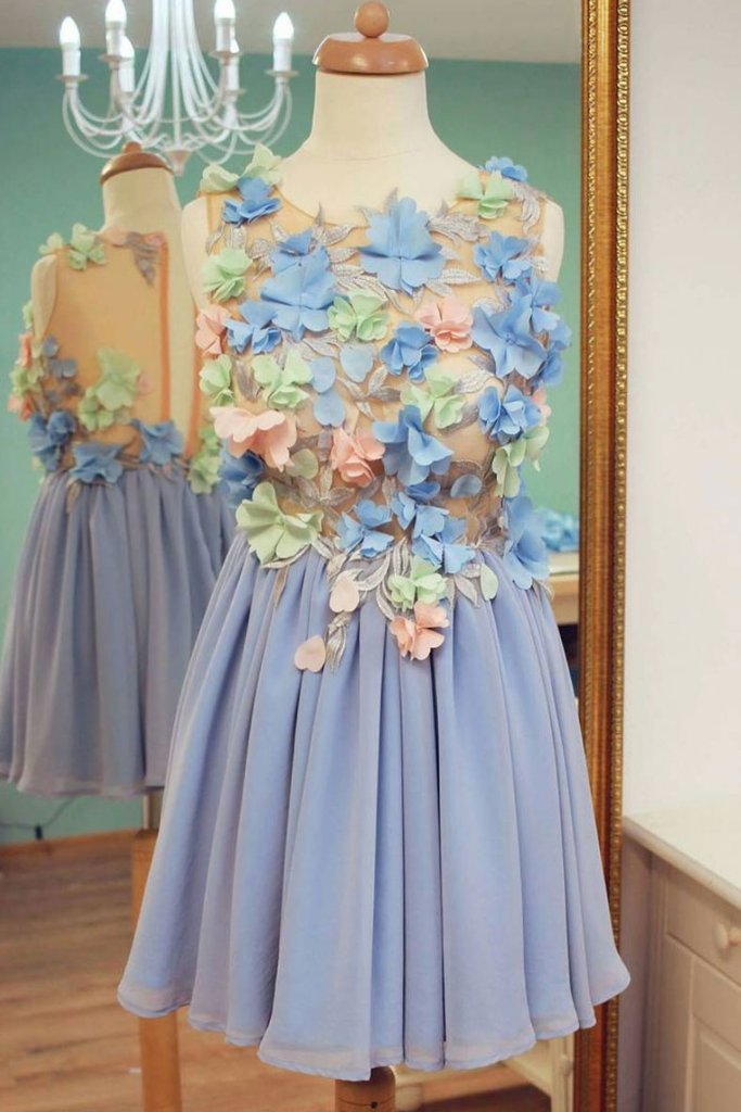 Elegant Blue Chiffon Printed Floral Short Ruffle Birthday Outfits Formal 8th Grade Homecoming Dress main image 0