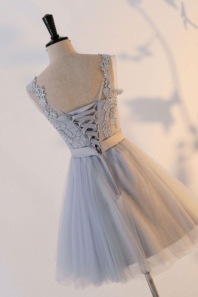Cute Gray Round Neck Tulle Lace Short Prom Dress, Gray Homecoming Dress ...