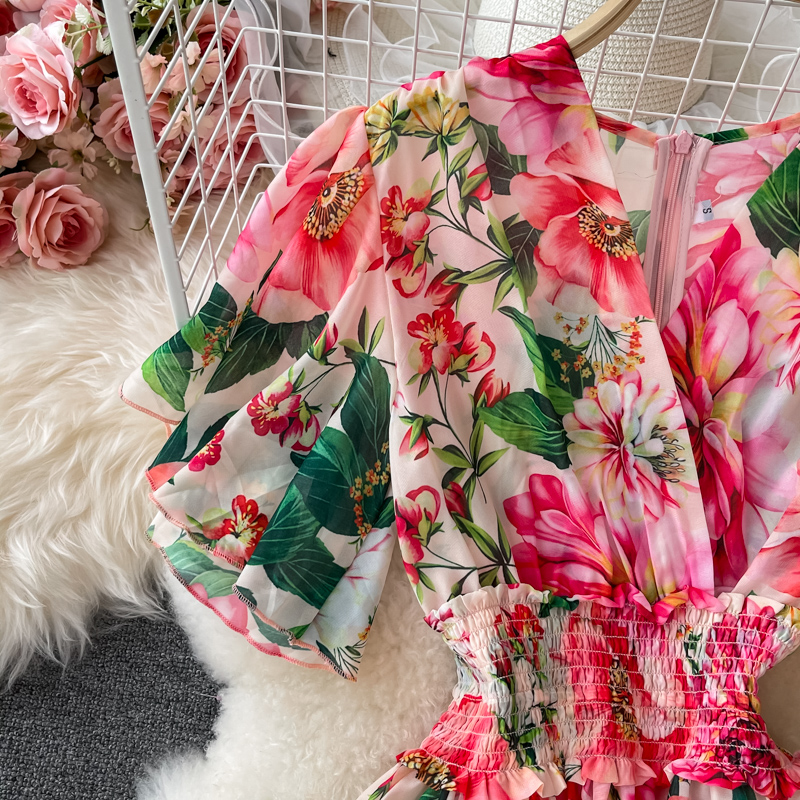 Cute A line V-neck Ruffled Floral Short Women's Long Sleeve One-Piece Women Dresses