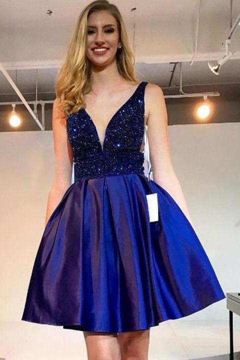 Royal Blue Homecoming Dress, Plunging Neck Beaded Short Prom Dresses ...