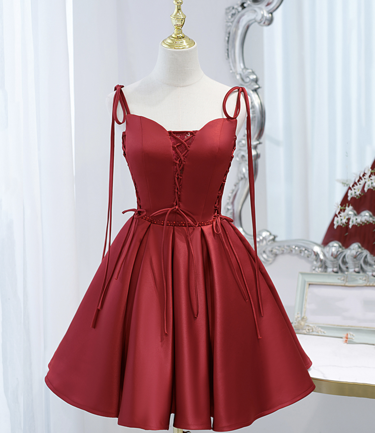 Burgundy Satin Lace-up Short Prom Dress Party Dress on Luulla