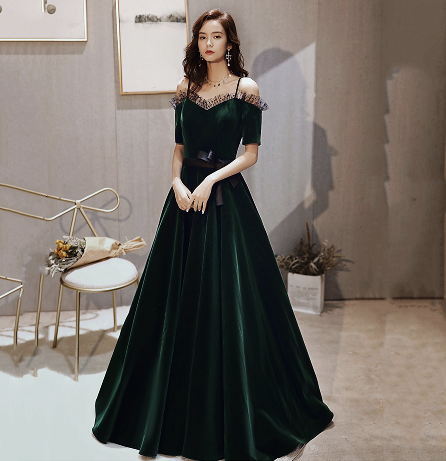 Green Velvet Long Prom Dress A Line Evening Gown On Luulla 5095