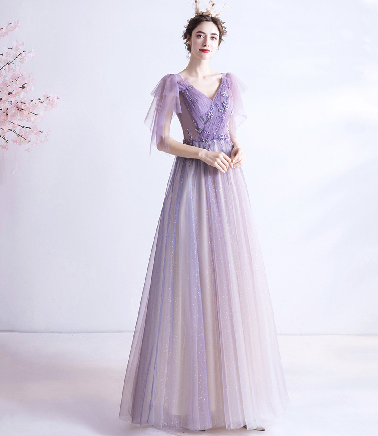 Purple V Neck Tulle Long Prom Dress A Line Evening Gown on Luulla