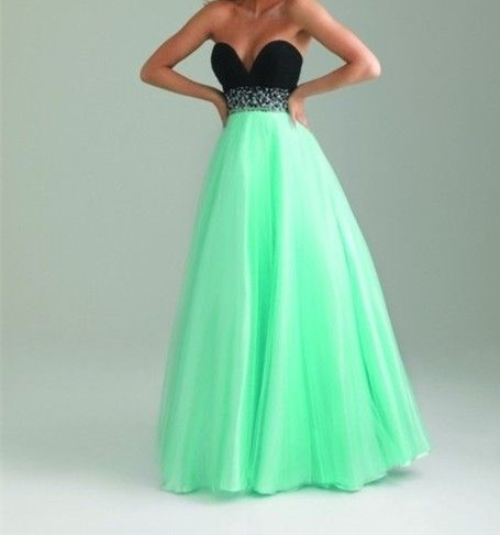 Mint Green Tulle Prom Dresses,Simple Prom Dress Black Sweetheart Beaded ...