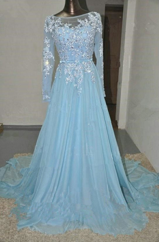 Light Sky Blue Prom Dresses,Beaded Prom Gowns,Beadding Prom Dresses