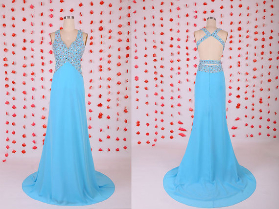 Blue Backless Evening Dresses Prom  Party Sexy Formal Gown