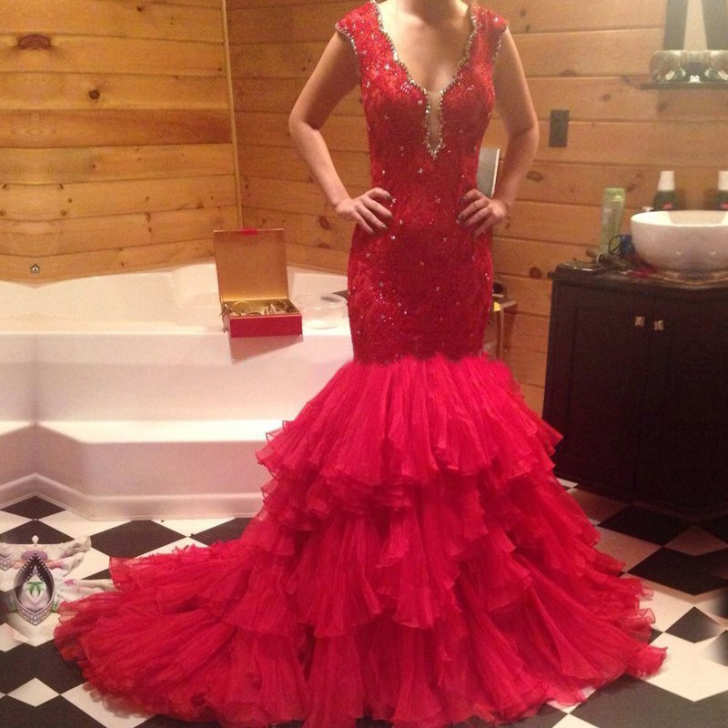 Red Prom Dresses Sparkle Evening Dress Beaded Prom Dresses Red Prom