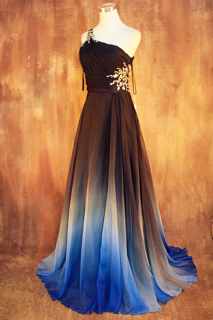 Gradient Ombre Chiffon Prom Dresses Sexy Backless Beading Evening Dress One Shoulder Pleats Wome 8239